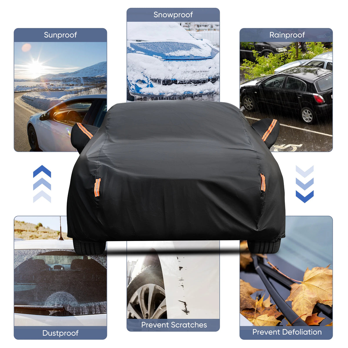 Housse de voiture extérieure complète noire, pare-soleil, Protection anti-poussière avec bandes réfléchissantes universelles pour berline Hatchback SUV