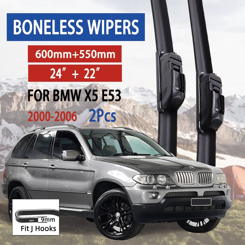 Essuie-glace de voiture en caoutchouc souple de type U, sans os, silencieux et Durable, pour BMW X5 E53 2000 – 2006, 24 "+ 22"