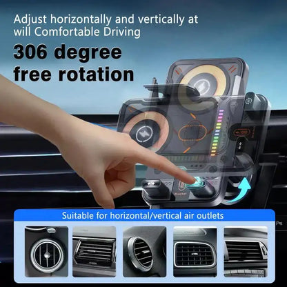 Support de téléphone pour voiture et chargeur sans fil 2 en 1 – 360 °   Support de navigation rotatif 15W à charge rapide pour smartphones, fixation sur grille d'aération