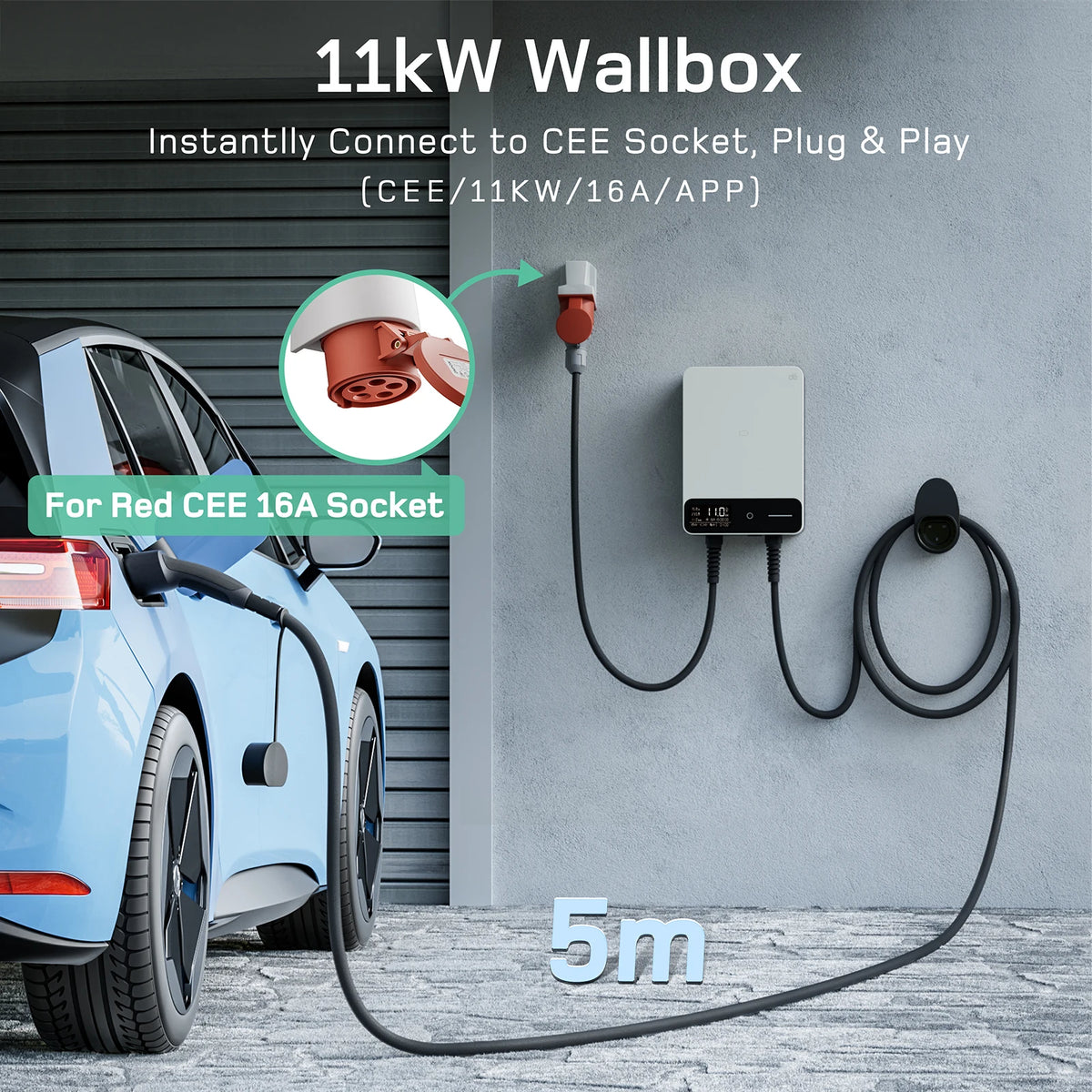 dé Wallbox 11kW blanc avec APP chargeur de véhicule électrique domestique 5m 7,5m câble de chargement CEE à Type 2 chargeur EV 16A triphasé EVSE