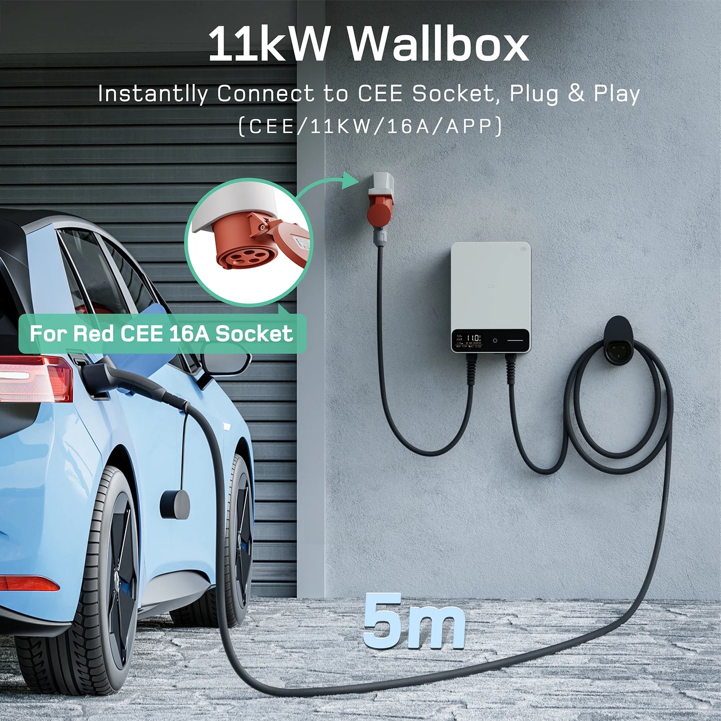 dé Wallbox 11kW blanc avec APP chargeur de véhicule électrique domestique 5m 7,5m câble de chargement CEE à Type 2 chargeur EV 16A triphasé EVSE