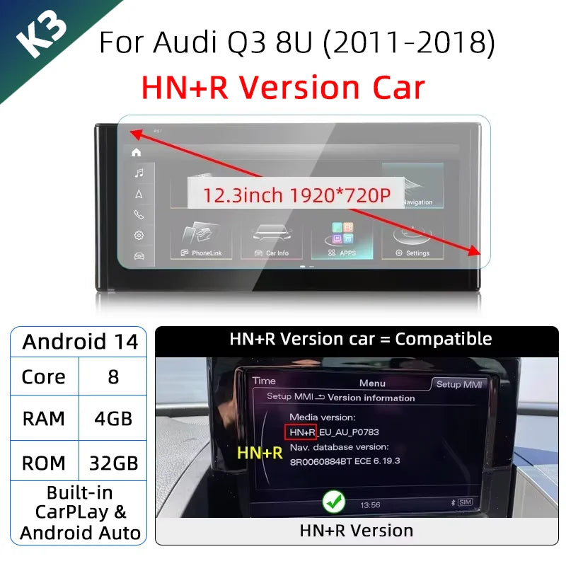 Android 14 sans fil CarPlay pour Audi Q3 8U 2011-2018 écran tactile Navigation WiFi DSP multimédia lecteur Radio accessoires