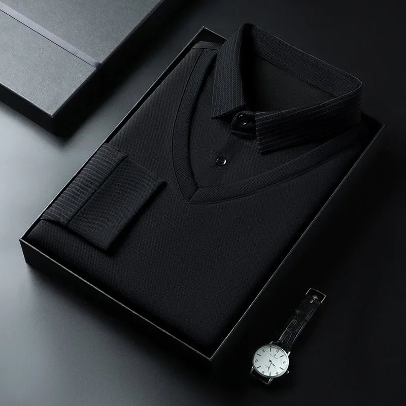 Polo à manches longues pour hommes, décontracté et à la mode, couleur unie, faux deux pièces, Business, toutes saisons, haut polyvalent, nouvelle collection 2025