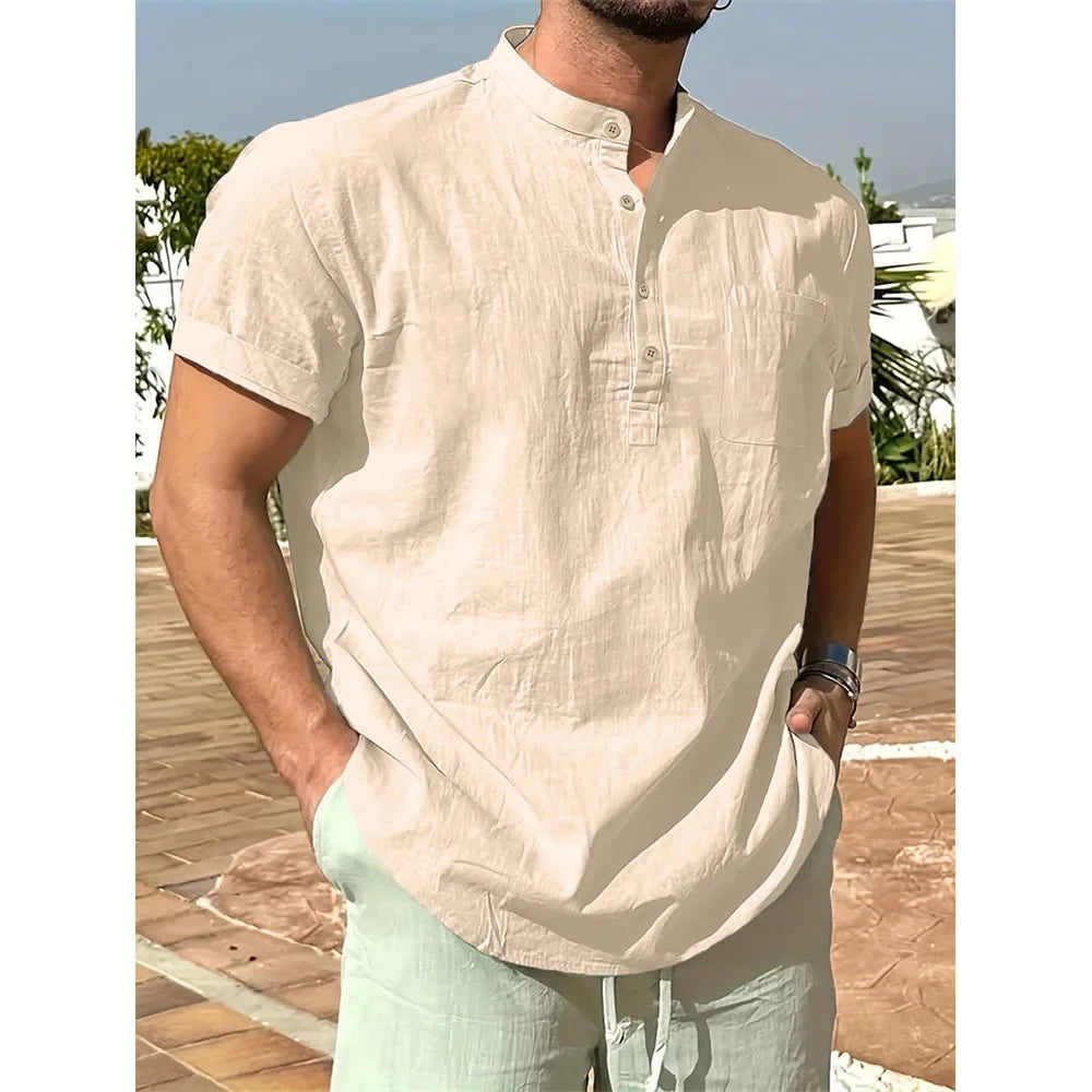 T-shirt col Henley pour hommes, en coton et lin, décontracté, respirant, léger, couleur unie, avec poches, à la mode, offre spéciale d'été