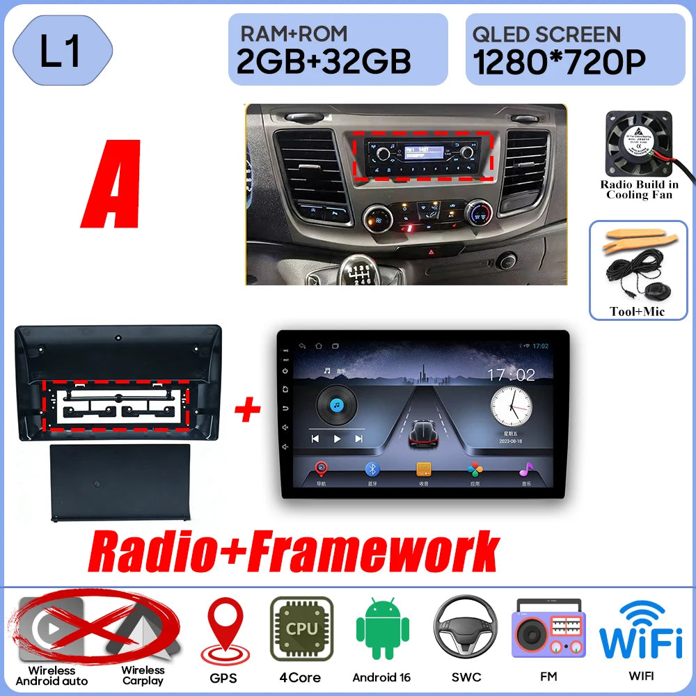 Autoradio Android 16 pour Ford Transit personnalisé Transit V363 350 lecteur multimédia Carplay Navigation GPS 4G Wifi vidéo stéréo 2din