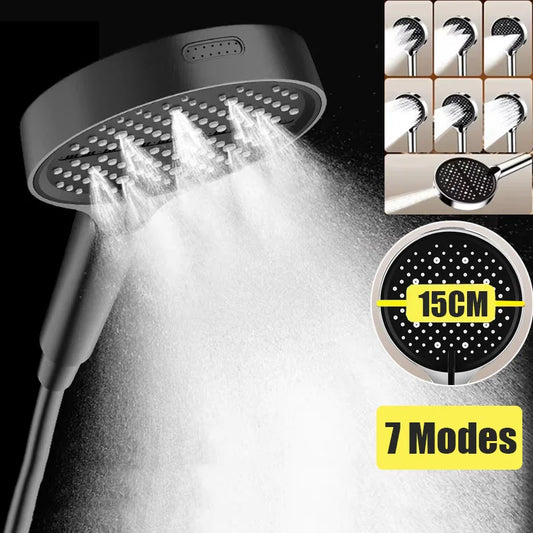 رأس دش عالي الضغط، لوحة كبيرة 15 سم، 7 أوضاع قابلة للتعديل، موفر للمياه، إيقاف بلمسة واحدة، فوهة رش الماء للحمام