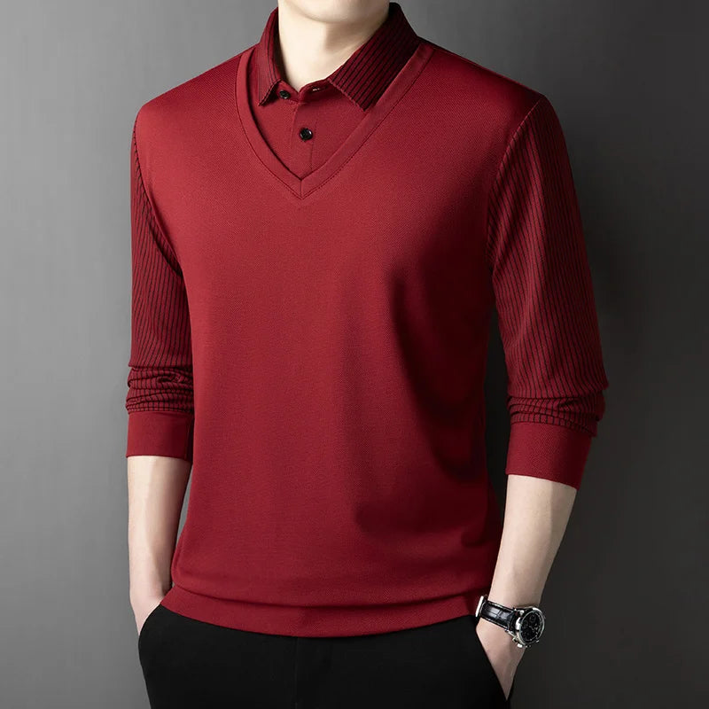 Polo à manches longues pour hommes, décontracté et à la mode, couleur unie, faux deux pièces, Business, toutes saisons, haut polyvalent, nouvelle collection 2025