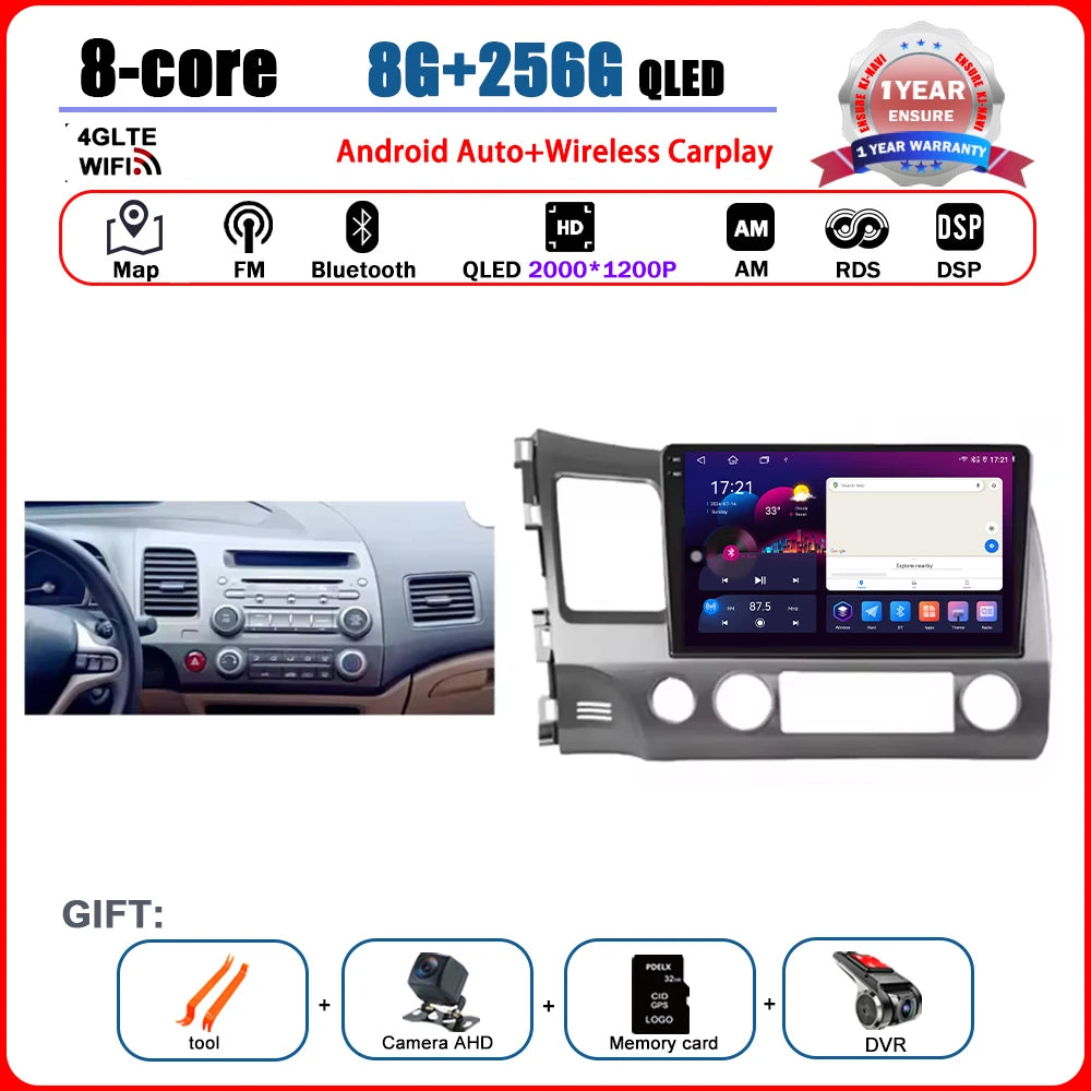Android 15 Carplay autoradio pour Honda Civic 8 2005 - 2012 lecteur multimédia Navigation GPS 4G Audio No 2 Din 2 Din DVD