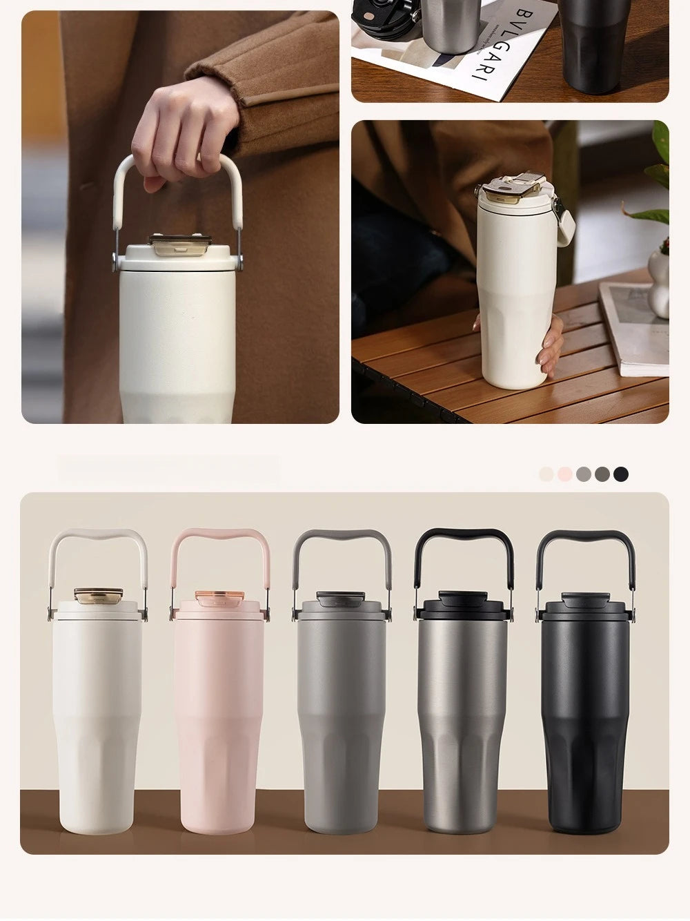 Gobelet à revêtement en céramique de 800ml, avec paille, bouteille d'eau isolée de grande capacité, étanche, poignée détachable, infuseur à thé pour voyage