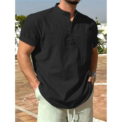 T-shirt col Henley pour hommes, en coton et lin, décontracté, respirant, léger, couleur unie, avec poches, à la mode, offre spéciale d'été