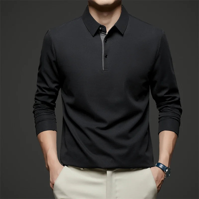 Polo d'affaires décontracté à manches longues pour hommes, haut polyvalent, document solide, à la mode, chaud, confortable, quatre saisons, nouveau