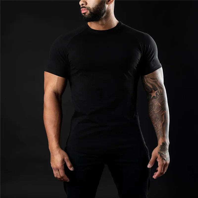 T-shirt de gymnastique uni pour hommes, vêtements de Fitness d'été, col rond, manches courtes, en coton, Slim Fit, musculation, entraînement