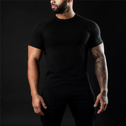 T-shirt de gymnastique uni pour hommes, vêtements de Fitness d'été, col rond, manches courtes, en coton, Slim Fit, musculation, entraînement