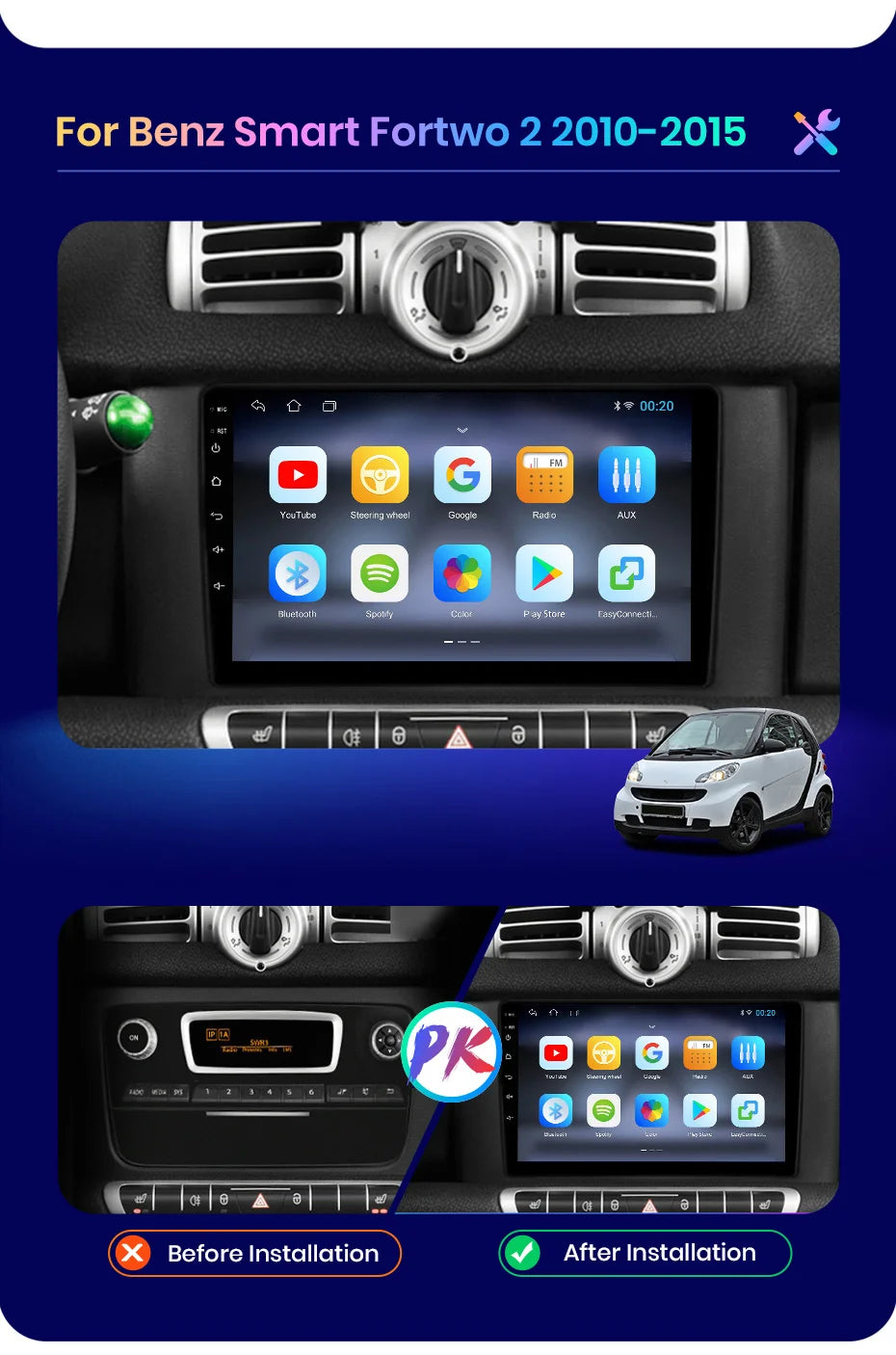 JIUYIN-Autoradio TS18 AI Voice Wireless CarPlay Android Auto Radio pour Smart Fortwo 451, 2005-2010, 4G, GPS, 2Din, Limitation de la voiture