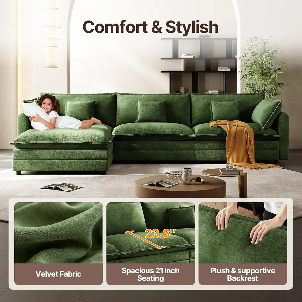 Canapé modulaire sectionnel de 102 pouces - Canapé nuage vert avec ottoman mobile, meubles de salon en forme de L, design moderne personnalisé