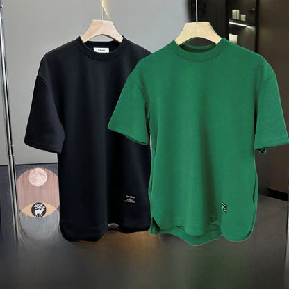 تي شيرت رجالي كاجوال من الحرير الثلجي، بأكمام قصيرة، ورقبة مستديرة، وجيب مخفي، رفيع، بقصة فضفاضة، على الطراز الكوري، عصري، للصيف