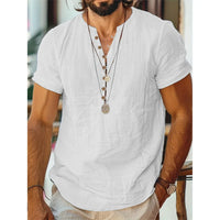 T-shirt manches courtes homme coton lin décontracté couleur unie demi bouton col rond respirant t-shirts d'été homme haut confortable
