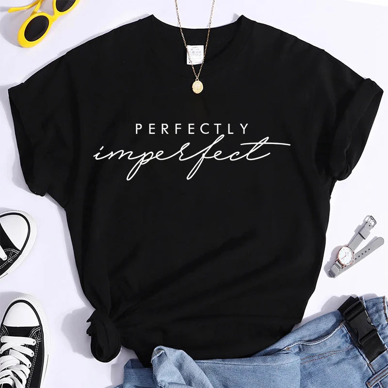 T-shirt à Manches Courtes pour Homme et Femme, Décontracté, Parfaitement Imparfait, Lettre Imprimée, Drôle, à la Mode