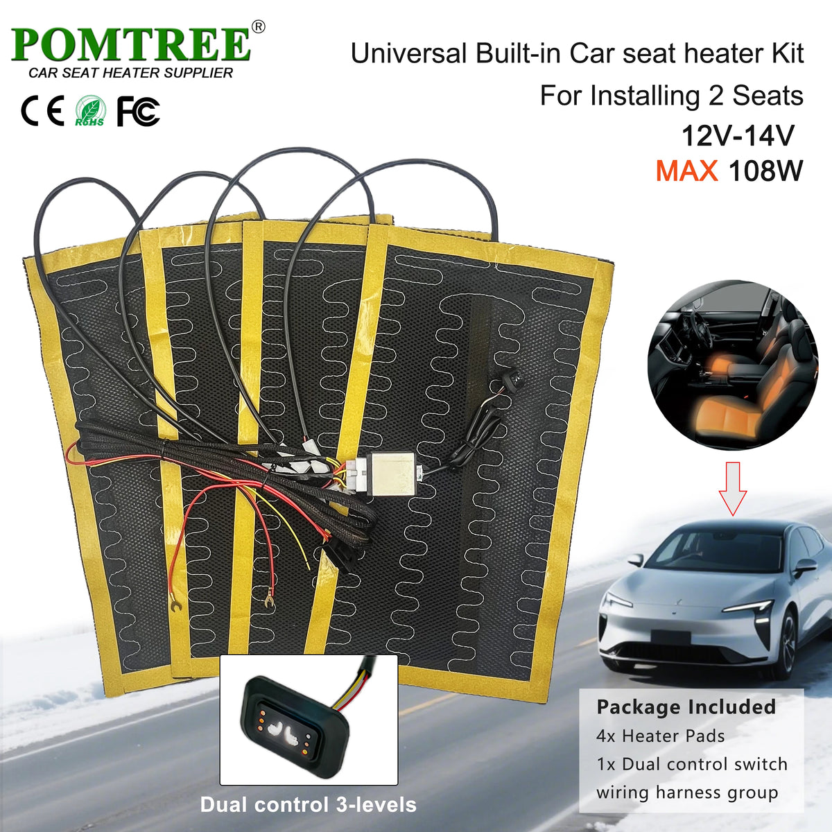 Nouveau Kit de chauffage de siège de voiture intégré adapté aux 1/2 sièges, 12V 2/4 pièces tampons chauffants universels en fil d'alliage 3 niveaux interrupteur chauffant à double commande