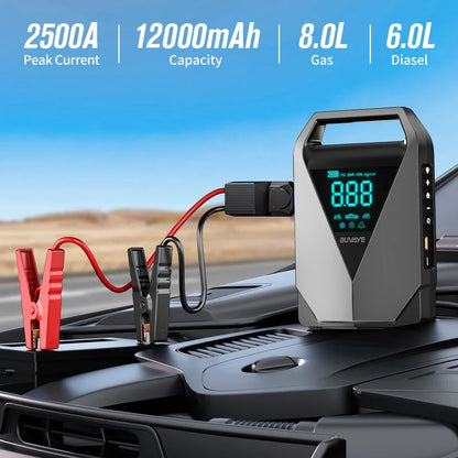 BUVAYE-Démarreur de compresseur d'air pour diabétique avec batterie externe, booster de batterie 2500A, démarreur de moteur 12V, pompe électrique 150PSI, gonfleur d'opathie