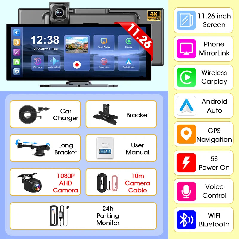 Develuck nouveau 11.26 pouces 4K DVR sans fil CarPlay et Android Auto Portable Dash Cam écran de voiture enregistreur vidéo 5G WIFI Navigation