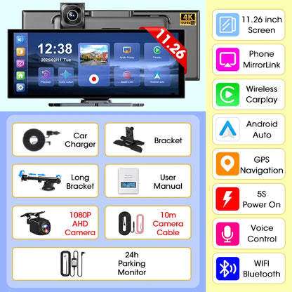 Develuck nouveau 11.26 pouces 4K DVR sans fil CarPlay et Android Auto Portable Dash Cam écran de voiture enregistreur vidéo 5G WIFI Navigation