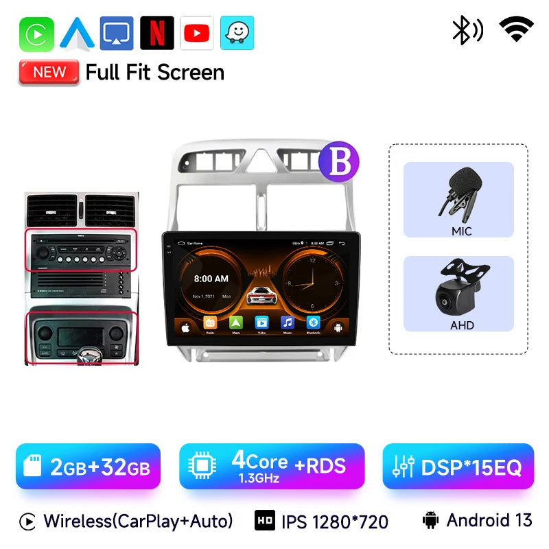JIUYIN-Autoradio pour KIT 307, 307CC, 307SW, 2002-2013, CarPlay sans fil, Android Auto, systèmes intelligents de voiture, No 2 Din, DVD