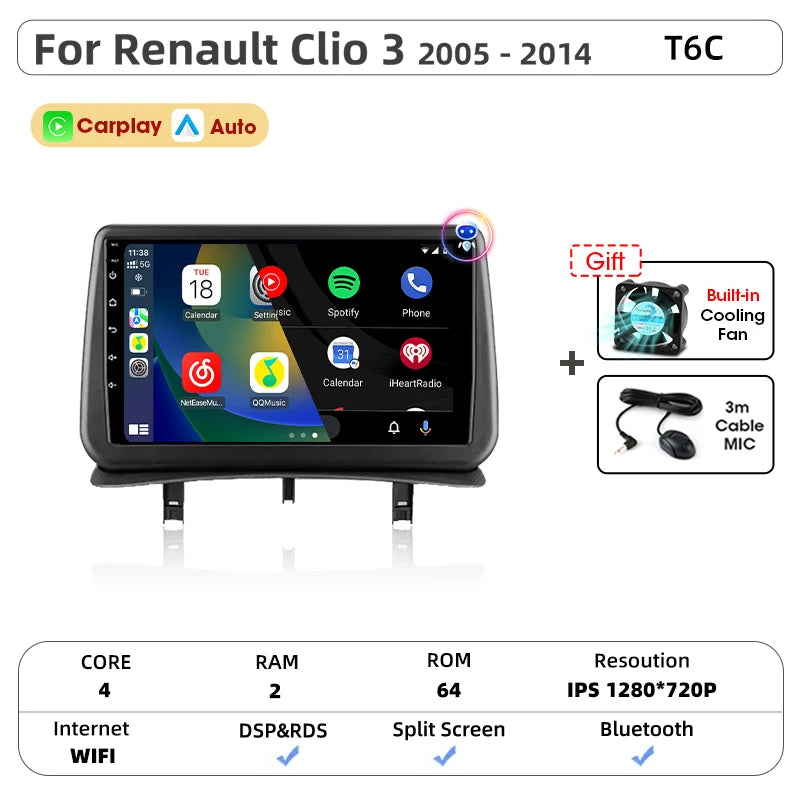 Srnubi CarPlay autoradio lecteur multimédia pour Renault Clio 3 2005 2006 2007 2008 2009 2010-2014 Android Auto GPS 2din autoradio