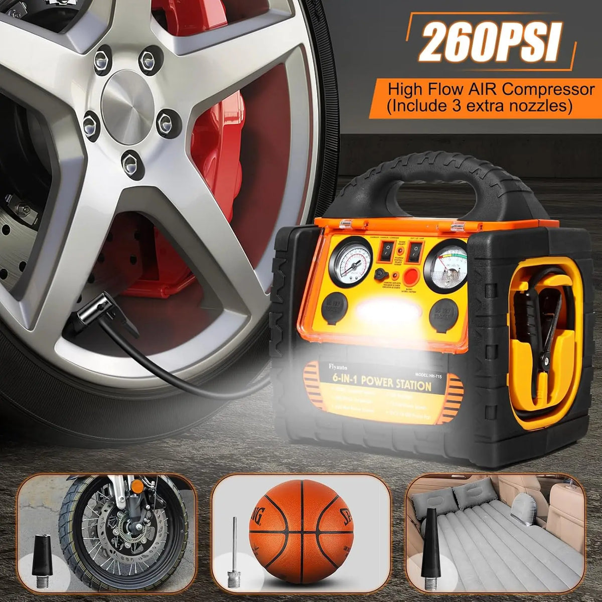Démarreur portatif de saut de centrale électrique de 1800 ampères avec le gonfleur de pneu de 260 PSI/compresseur d'air 400W onduleur 2.1A Port USB