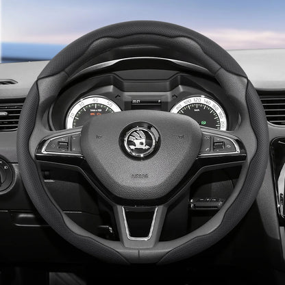 مناسب لـ Skoda غطاء عجلة قيادة من الجلد المسامي بتصميم مقطع سريع التحرير، مضاد للانزلاق ومتين، لسيارات Octavia Rapid Kodiaq Karoq Fabia Superb Kamiq Citigo Scala Combi Kylaq Kushag Slavia Black