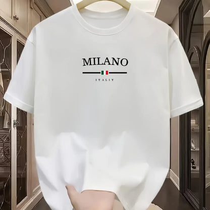 T-shirt à manches courtes et col rond pour hommes, 100% pur coton, à la mode, décontracté, ample, style italien, lettre Milan imprimée