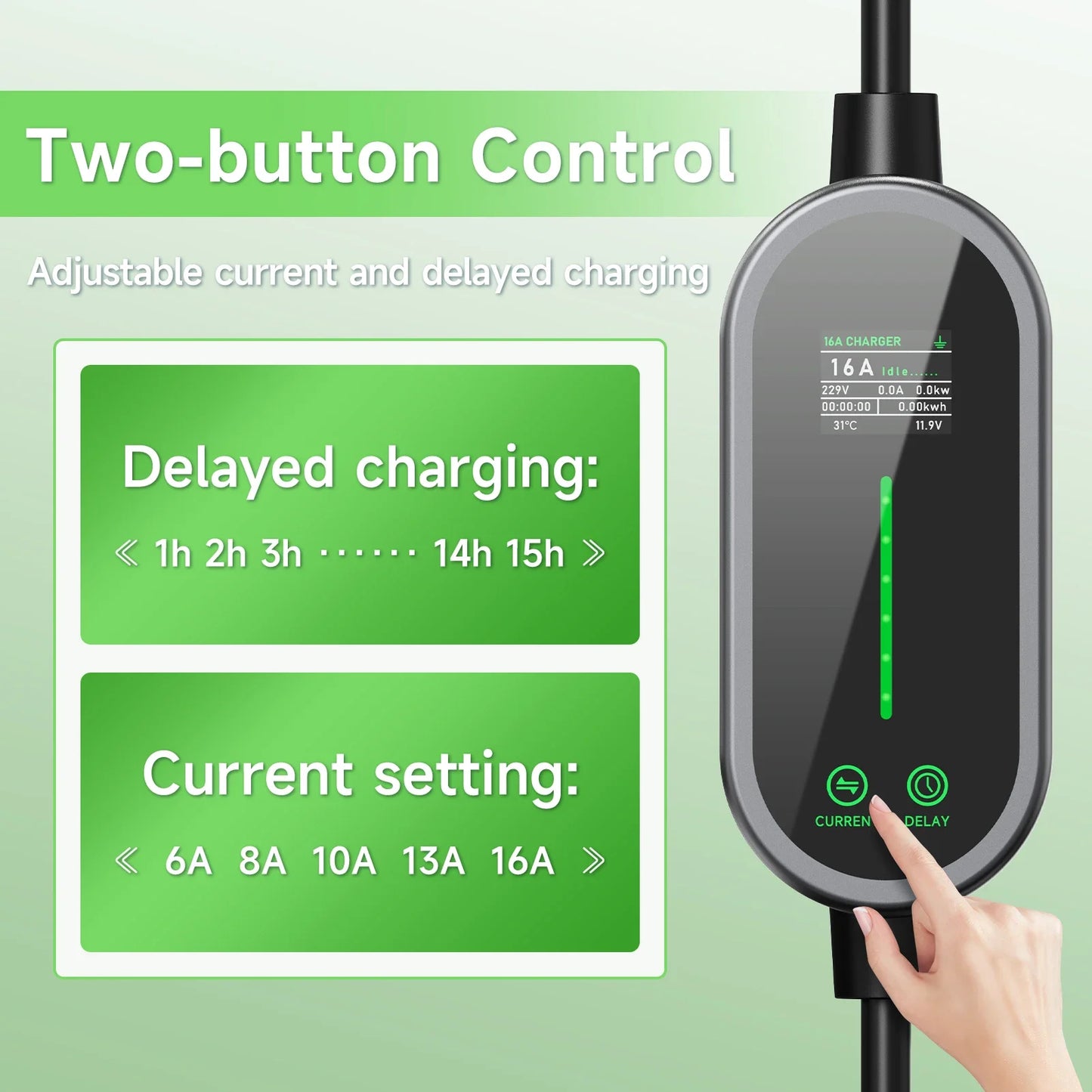 شاحن سيارة كهربائية محمول AFEEV 3.6KW من النوع 2 IEC62196-2/النوع 1/GBT قابل للتعديل 6-16 أمبير، تحكم عبر التطبيق، مقبس أوروبي IP65، شحن سريع آمن