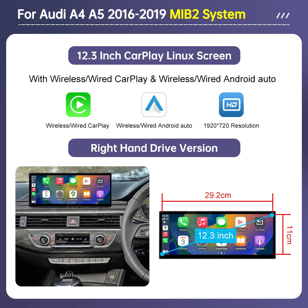 Road Top 12.3'sans fil CarPlay Android Auto écran pour Audi A4 A5 2016-2019 Airplay multimédia autoradio lecteur