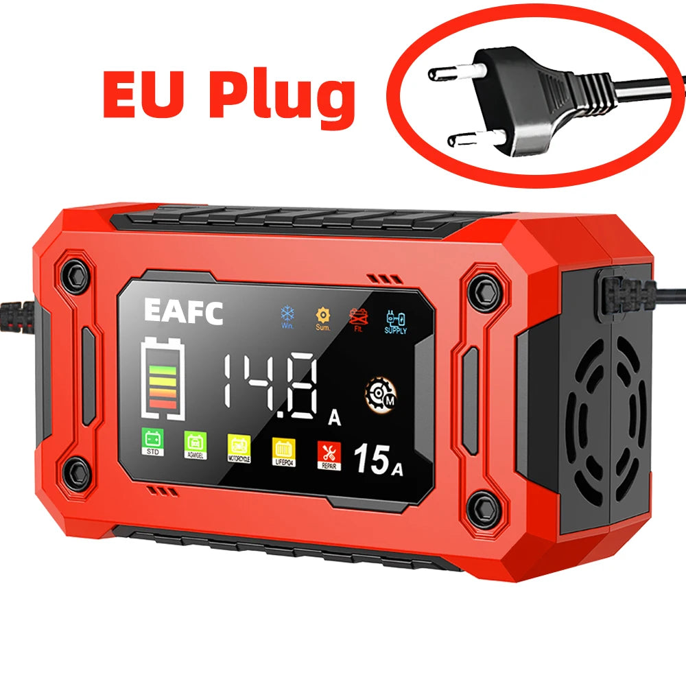 Le plus récent chargeur de batterie de voiture 12V 15A/8A réparation d'impulsions grand écran chargeur intelligent pour voiture moto plomb acide AGM GEL Batteries