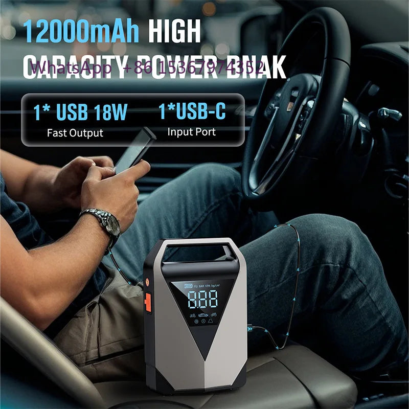 Batterie externe multifonction tout-en-un 12000mAh, démarreur de saut d'urgence pour voiture, lumière LED, gonfleur d'air Portable pour voiture et camion