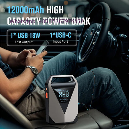 Batterie externe multifonction tout-en-un 12000mAh, démarreur de saut d'urgence pour voiture, lumière LED, gonfleur d'air Portable pour voiture et camion