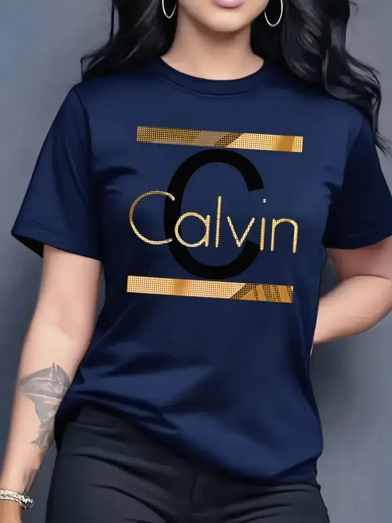 Offre spéciale femmes mode d'été décontracté Calvin lettre motif imprimé col rond manches courtes vêtements de sport T-shirt y2k vêtements