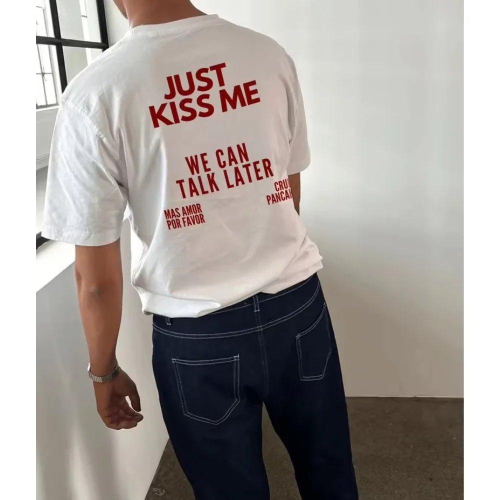 Skuggnas Just Kiss Me T-Shirt en coton graphique drôle chemise positive cadeau pour femmes et hommes hauts décontractés t-shirts de mode d'été