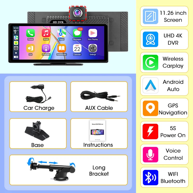 Develuck nouveau 11.26 ''4K voiture DVR sans fil CarPlay Android Auto lecteur multimédia IPS écran tactile Bluetooth enregistreur vidéo FM AUX