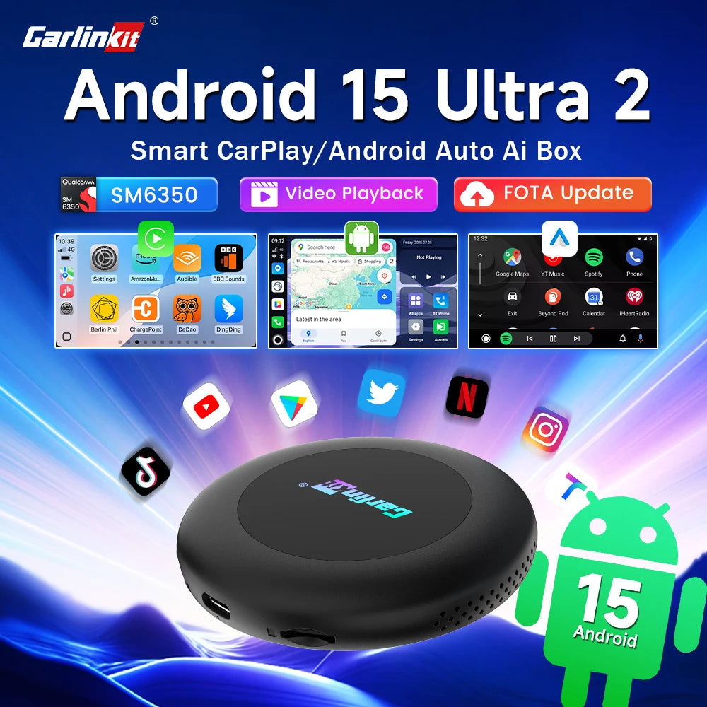 CarlinKit 3 en 1 Android 15 CarPlay Ai Box adaptateur sans fil Android Auto Qualcomm SM6350 128GB 8 cœurs pour Youtube Netflix FOTA