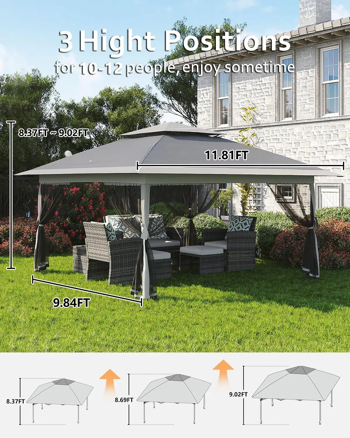 Tente à baldaquin 12x12 pieds, gazebo pop-up à installation rapide avec 4 sacs de sable pour fêtes et barbecues en extérieur, moustiquaire et hauteur réglable - Gris