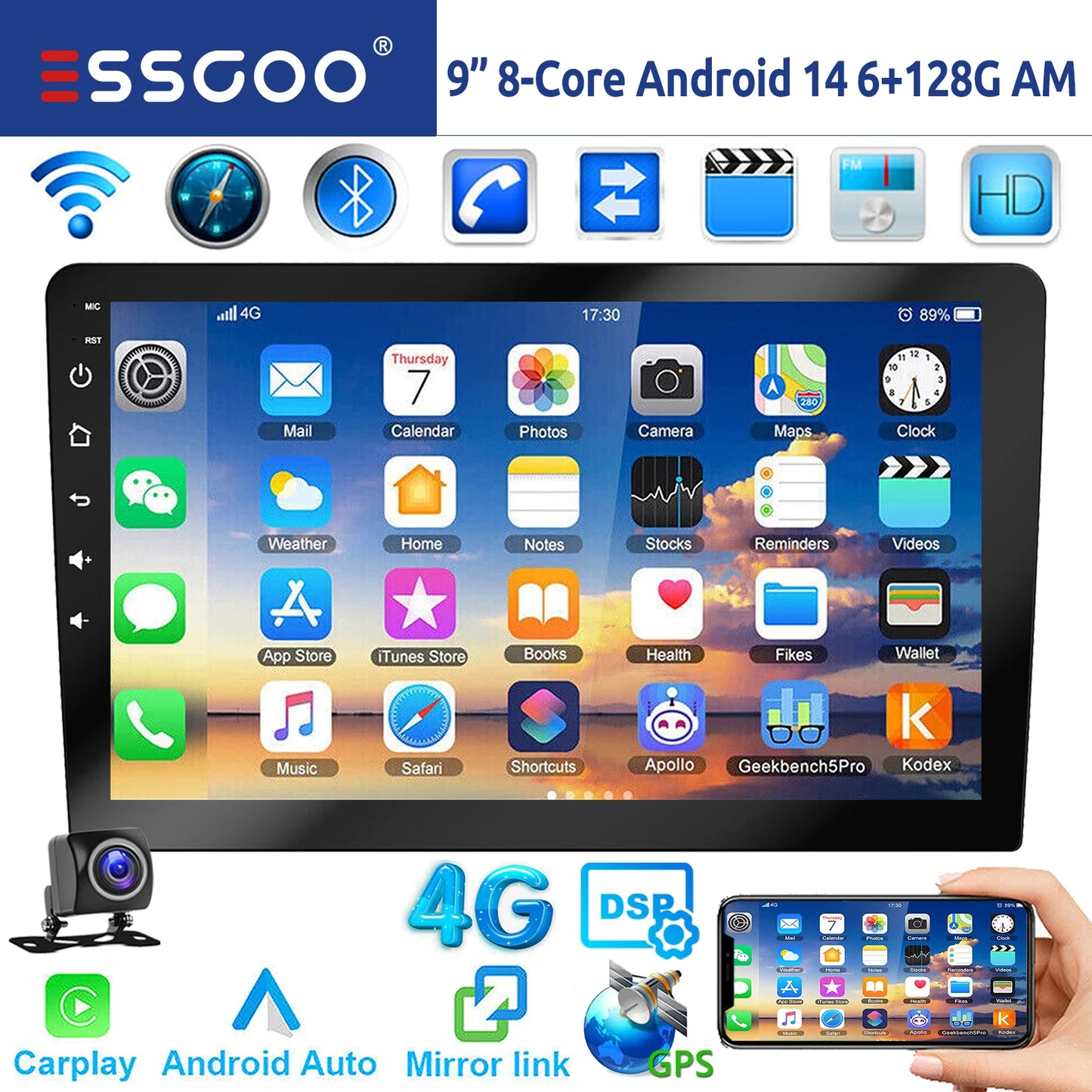 ESSGOO 7"/9"/10“ 2 DIN Android 14 8-Core 6+128G Autoradio Sans Fil Apple Carplay Android Auto GPS Navigation Bluetooth AM FM RDS WIFI Écran Tactile QLED 4G LTE USB Mirror Link Equalizer Commande au Volant