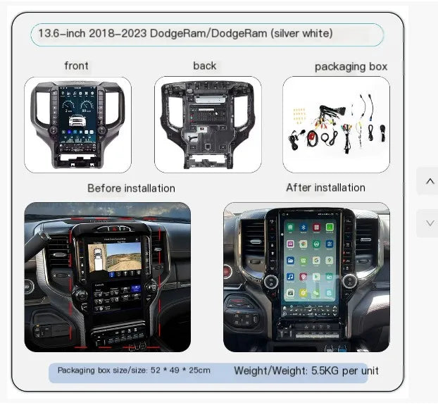 Lecteur Dvd de voiture de 13.6 pouces, Radio Android, écran tactile, Navigation Gps, Carplay pour Dodge Ram 2018 – 2023