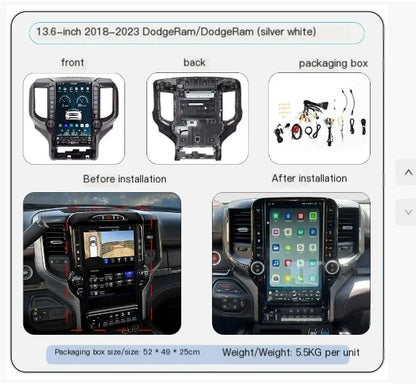 Lecteur Dvd de voiture de 13.6 pouces, Radio Android, écran tactile, Navigation Gps, Carplay pour Dodge Ram 2018 – 2023