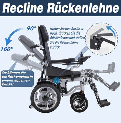 Fauteuil roulant électrique 500W, 20AH, pliable, inclinable, capacité de poids de 150KG, portée de 22KM, conception ergonomique