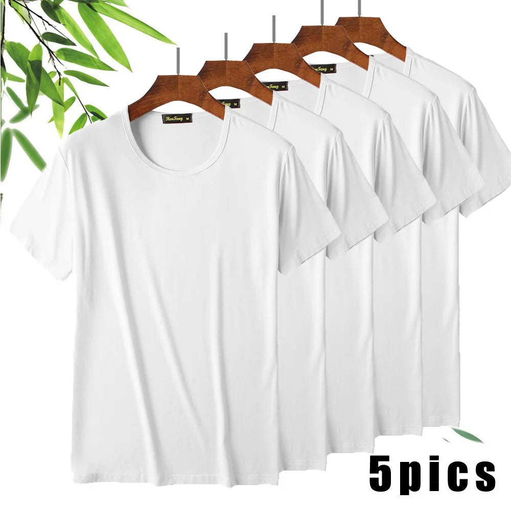 T-Shirt en Fibre de Bambou pour Homme, Confortable, Respirant, Col Ras du Cou, Slim, Manches Courtes, Solide, Décontracté, Été, Lot de 5