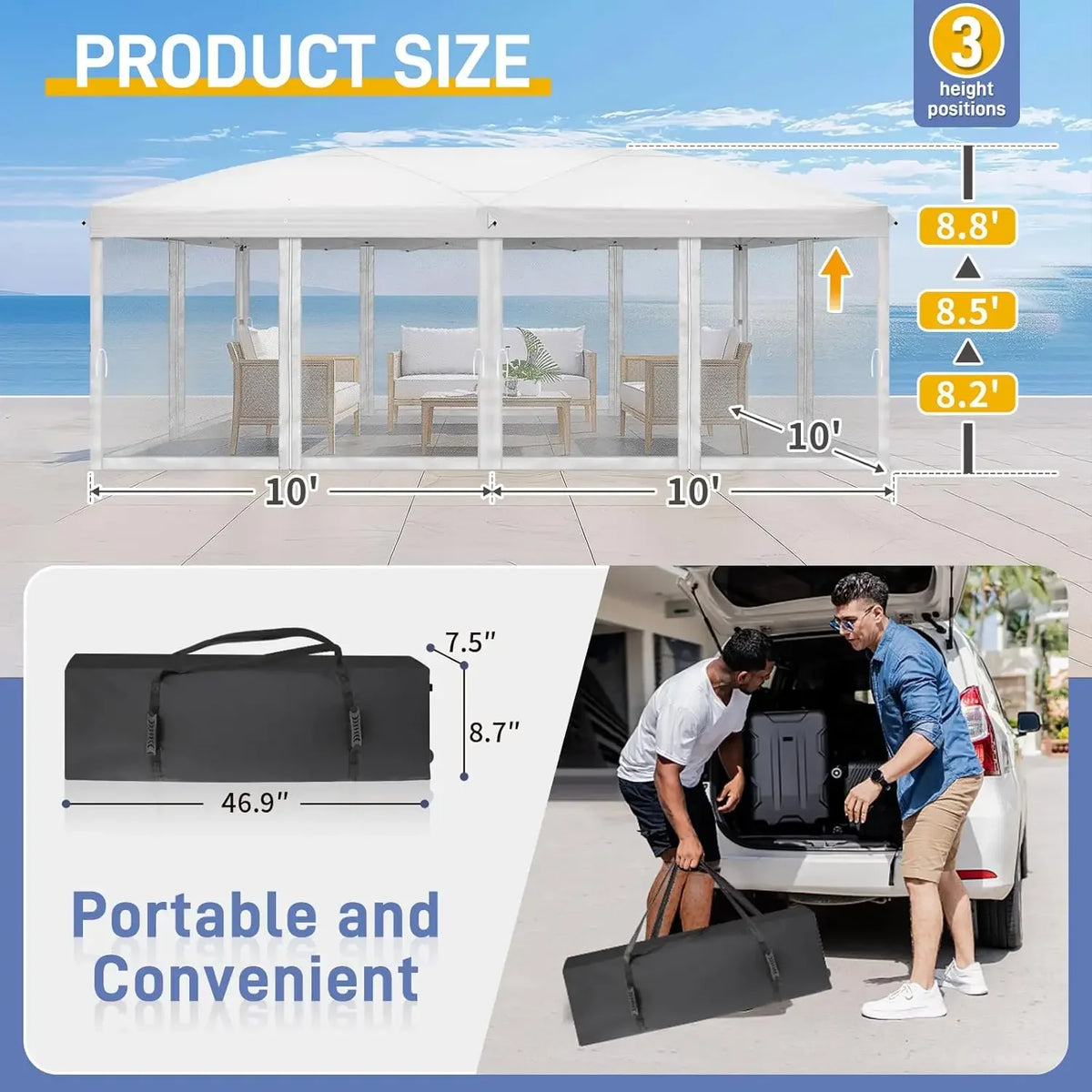 Tonnelle escamotable 10x20 avec parois latérales, sac de transport, tente facile à monter avec moustiquaires, gazebo zippé pour le camping, tonnelle zippée