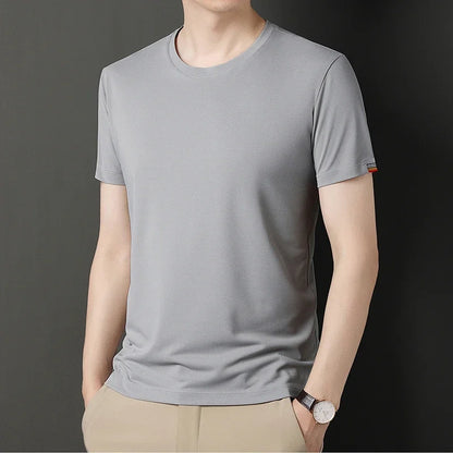 T-shirt à Manches Courtes pour Homme, Col Rond, Solide, avec Poignets Brodés, à la Mode, Confortable, Respirant et artificiel astique