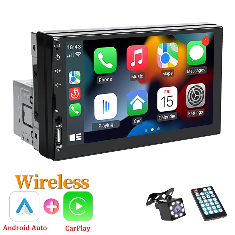 Hippcron 7 "1Din autoradio sans fil CarPlay Android Auto Bluetooth AUX USB universel multimédia lecteur MP5 lien miroir Autoradio