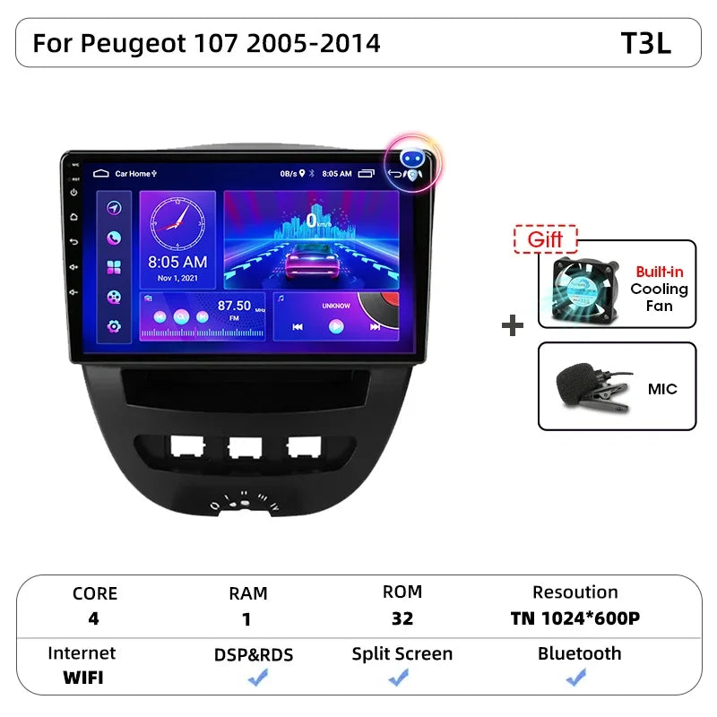 Srnubi autoradio pour Peugeot 107 Toyota Aygo citroën C1 2005-2014 sans fil Carplay Android Auto lecteur multimédia de voiture 2 Din